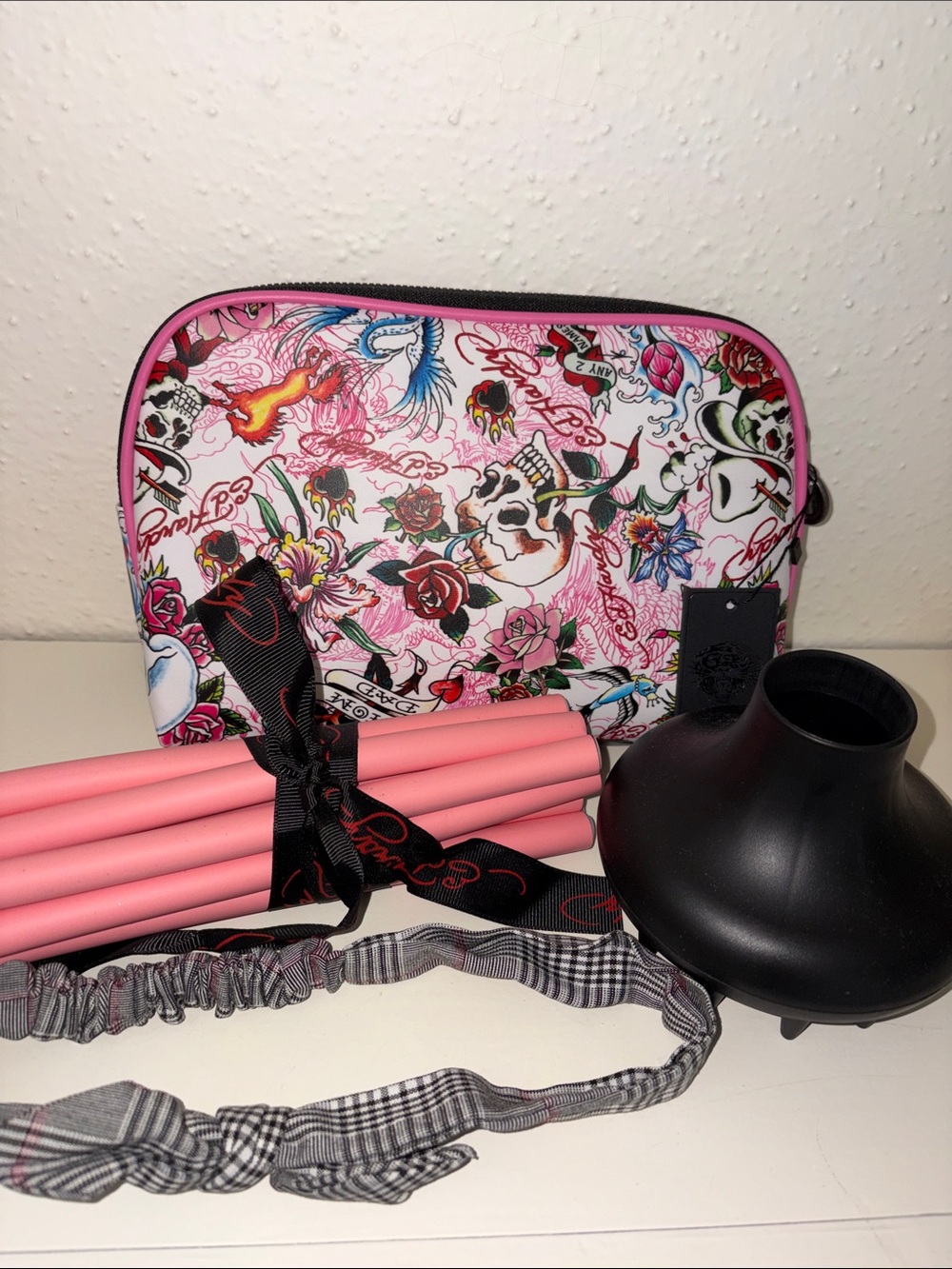 Ed Hardy Print Cosmetic bag & hair accessories bundle